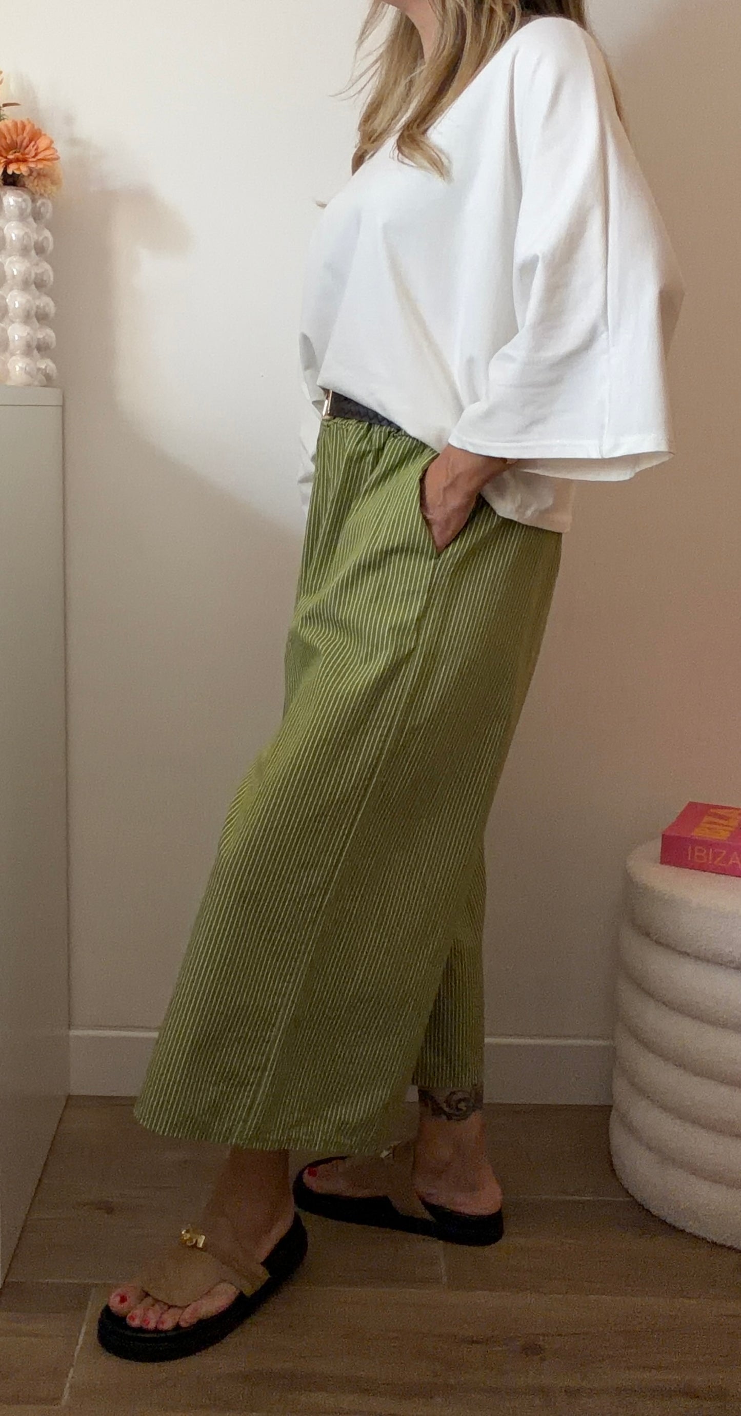 PANTALON RAYÉ 7/8eme OLIVE