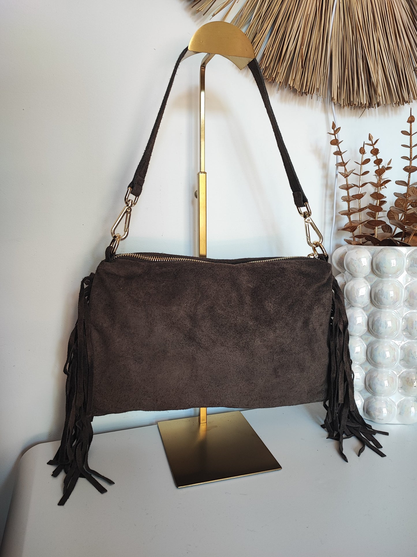 SAC FRANGES EN CUIR CHOCOLAT