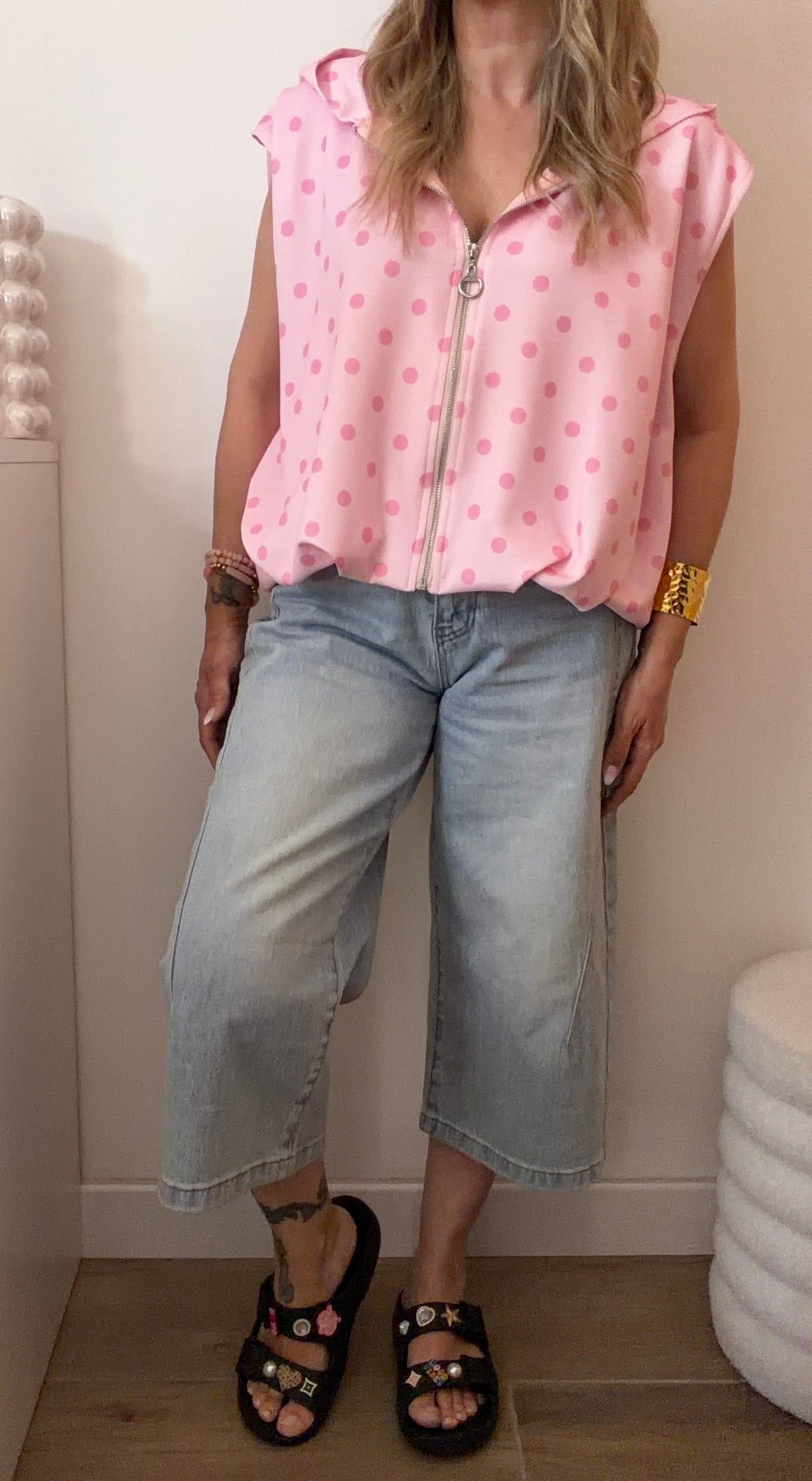 DÉBARDEUR VESTE POIS ROSE