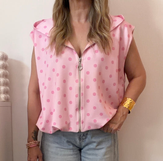DÉBARDEUR VESTE POIS ROSE