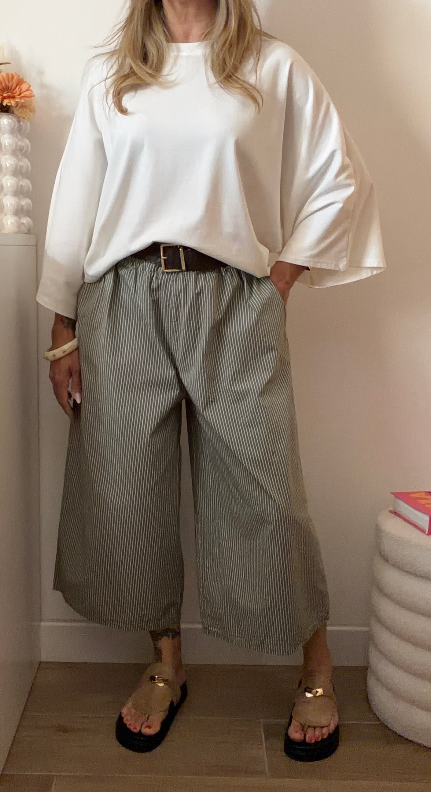 PANTALON RAYÉ 7/8eme KAKI