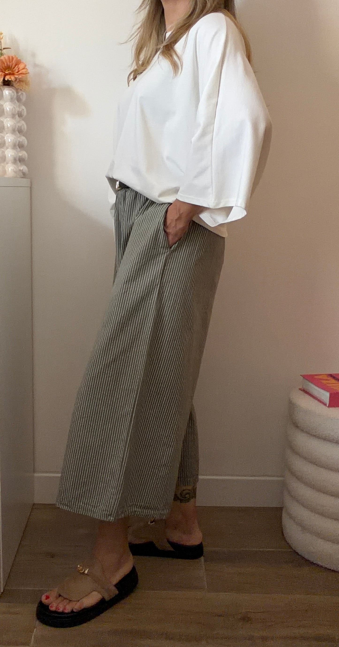 PANTALON RAYÉ 7/8eme KAKI