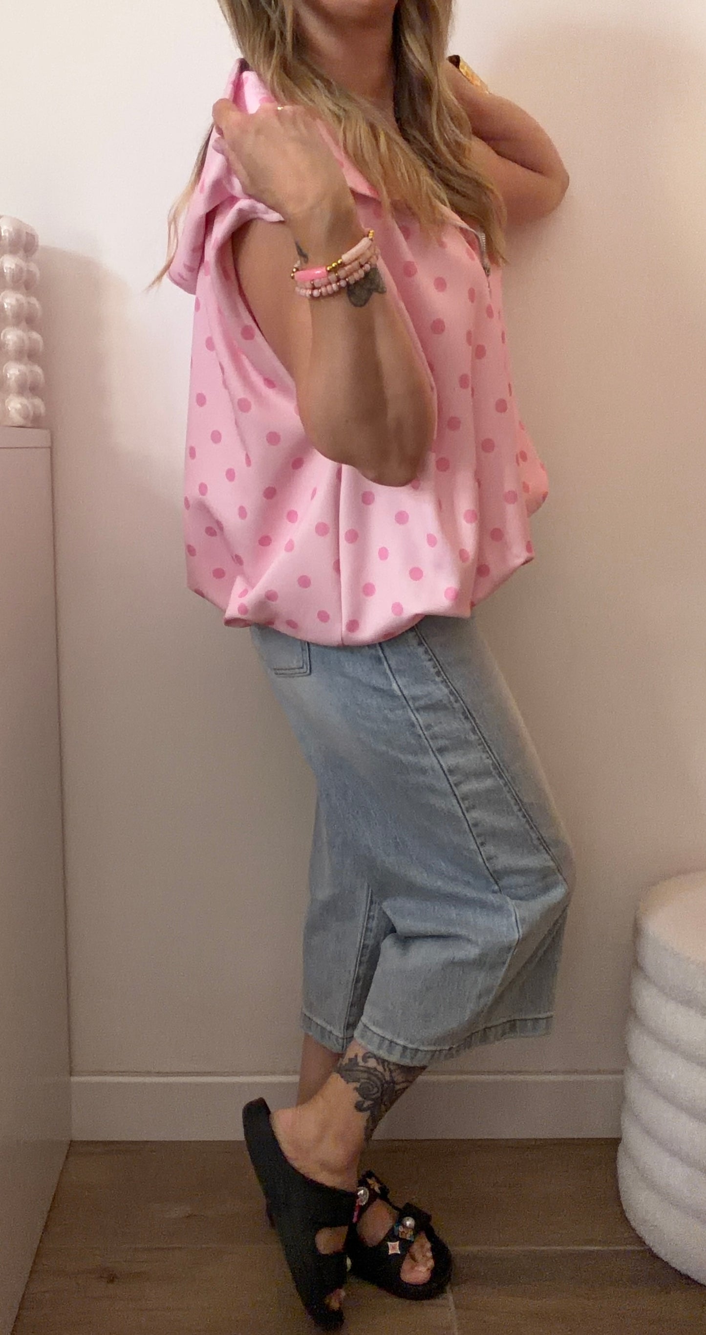 DÉBARDEUR VESTE POIS ROSE