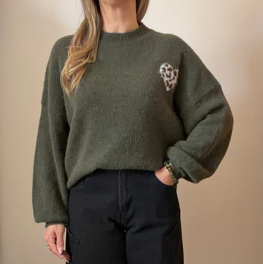 PULL CŒUR KAKI